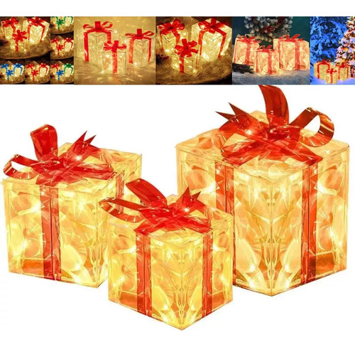 Caja De Regalo Decorativa Navideña De 3 Piezas Con Luces