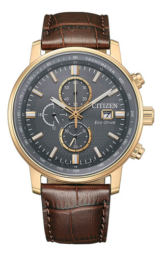 Reloj Citizen Ca084311h Para Hombre Cronógrafo Taquímetro Malla Marrón Bisel Bronce/negro Fondo Gris