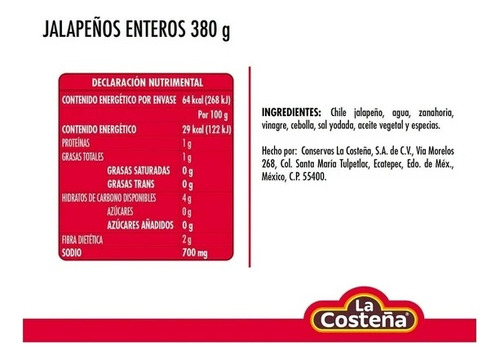 10 Pzas Chiles Jalapeños La Costeña Enteros En Escabeche 380