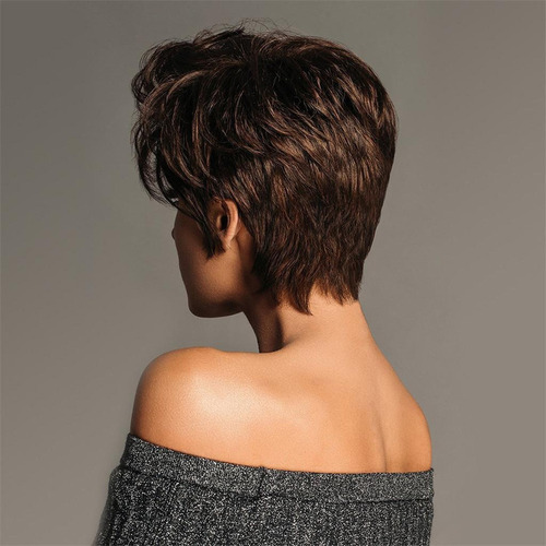 Mujer Corta Elegante Cabello Humano Recto Ondulado Peluca Pi