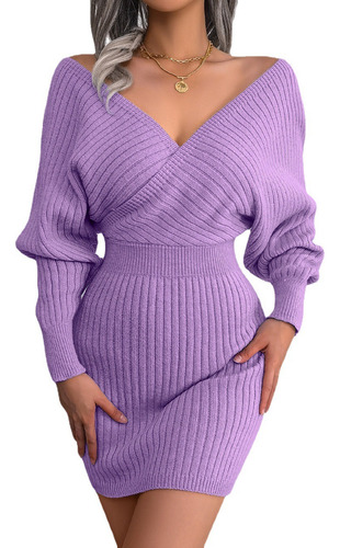 Vestido Elegante Dama De Punto Cuello En V Manga Larga