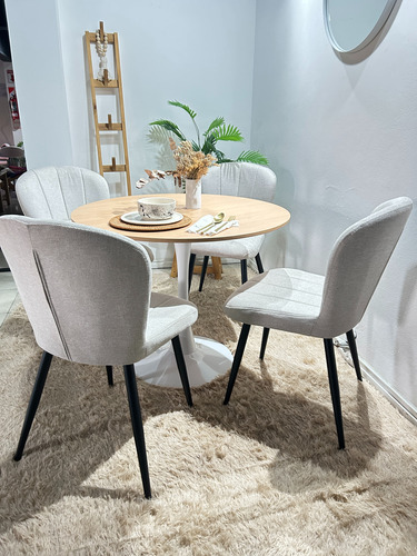 Juego De Comedor Mesa Tulip Wood + 4 Sillas Panama Chenille Beige Chenille