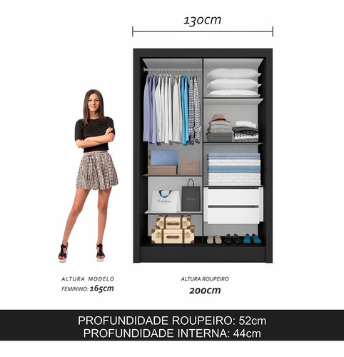 Guarda Roupa Solteiro Com Espelho Nanda 2 Pts Preto - Ma Cor Preto Fosco