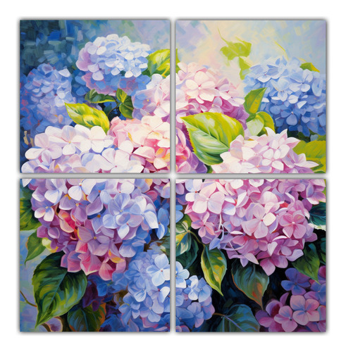 100x100cm Cuatro Telas Dibujo Simétrico De Hortensias En Ba