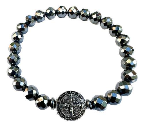 Pulseira Hematita Multifacetada Medalha São Bento 8mm Comprimento 16 Cm Cor Prateado Diâmetro 8 Cm