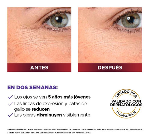 Imagen 8 de 10 de Ácido Hialurónico Sérum de Ojos L'Oréal Paris Revitalift día/noche para piel normal de 20mL