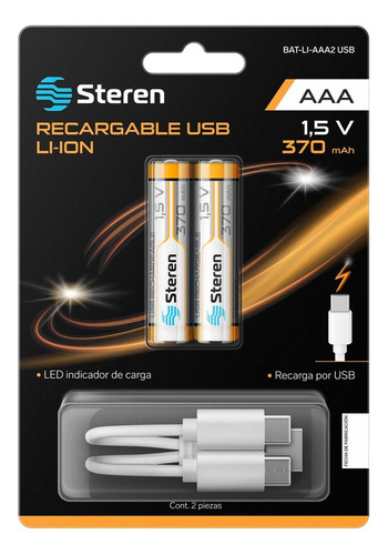 2 Baterías Recargables Usb Li-ion Tipo Aaa, De 370 Mah