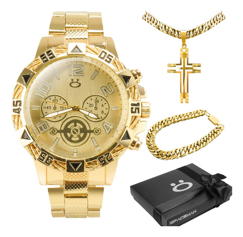 Relógio Orizom Masculino Dourado Aço Colar Pulseira Original