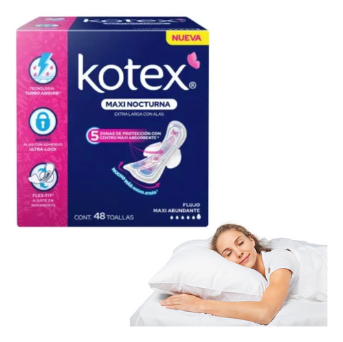 Toallas Femeninas Maxi Nocturna Con Alas Kotex 48 Piezas