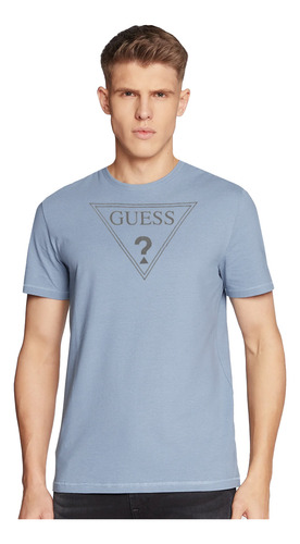 Camiseta Guess Masculina Logo Vazado Duplo Azul Médio