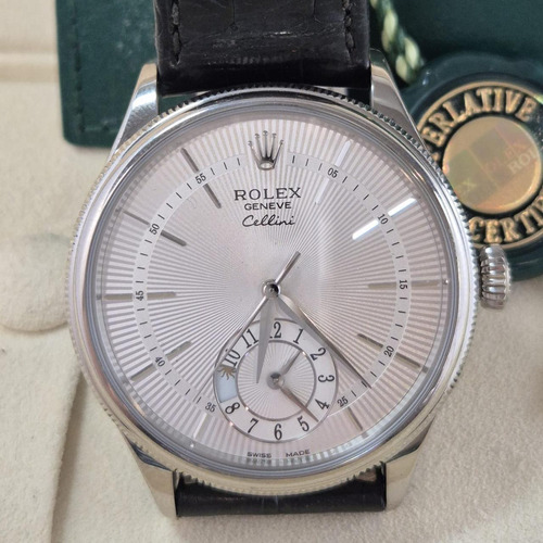 Rolex Cellini Dual Time Ouro Branco 39mm Automático Completo Preto Prateado Prata (Usado)