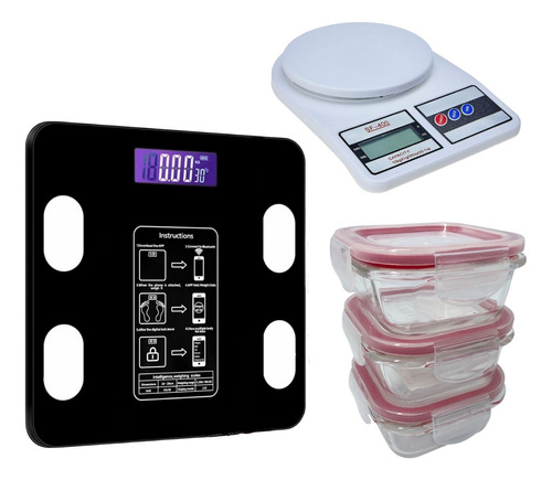 Kit Balança Bioimpedância + De Cozinha E 3potes Herméticicos