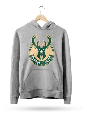  Buzo Canguro Nba Milwaukee Bucks Logo Completo Gris