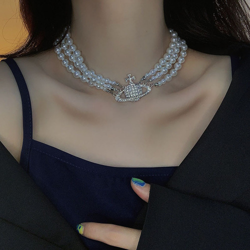 Collar De Perlas De Saturno Con Diamantes Multicapa