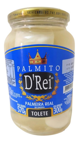 Palmito Tolete Palmeira Real 300 Gramas D'rei Premium Mole