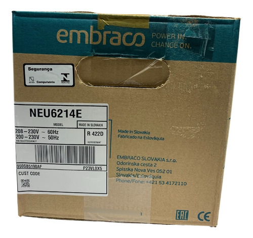 Compressor Motor Aspera 3/4 Neu6214e Embraco 220v Gás R22