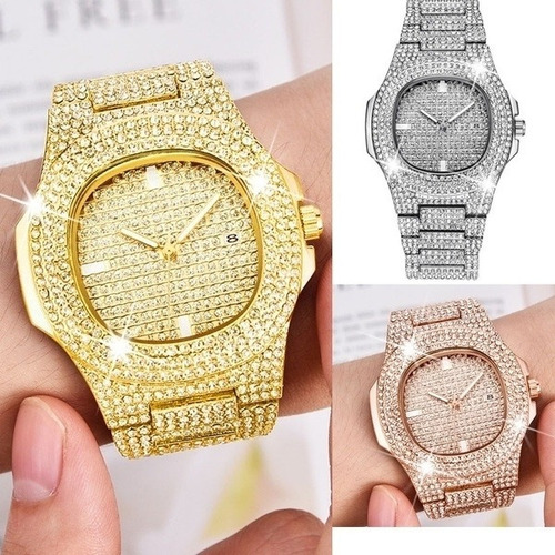 Moda Iced Out Reloj Hombres Diamante Acero Reloj