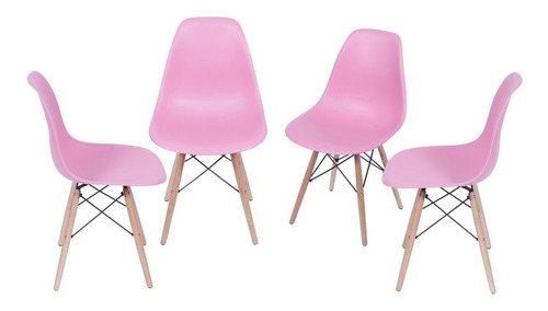 Silla de comedor BoxBit DKR Eames base madera, estructura color rosa, 4 unidades