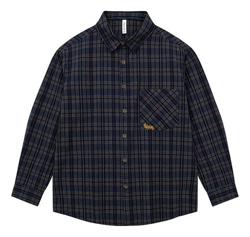 Camisa Casual De Manga Larga A Cuadros Con Bordado Coreano P