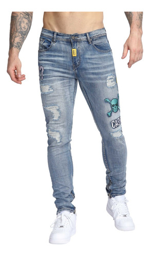 [logeqi] Jeans Azules Con Bordado De Calavera Para Hombre
