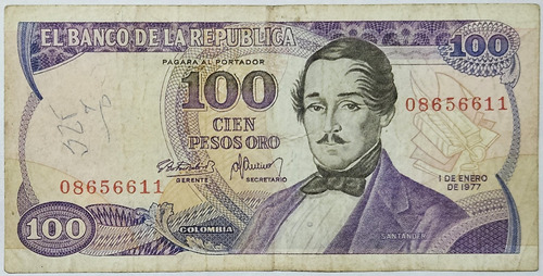 Billete 100 Pesos 01/ene/1977 8 Digitos Colombia F-vf