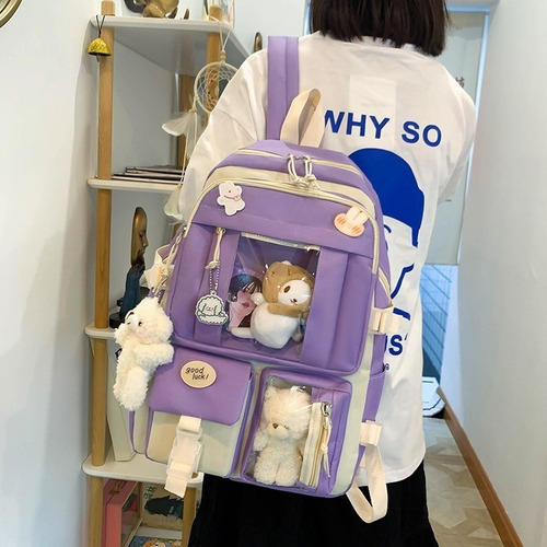 Conjunto Combo Mochila Escolar Kawaii Estilo Coreana 5 Pieza