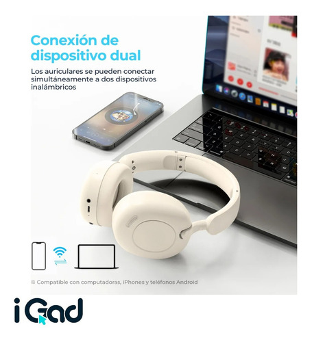 Audífonos Bluetooth 5.3 Igad Hi-res Inalámbricos Diadema Cancelación De Ruido Con Micrófono Y Cable Tipo C Beige
