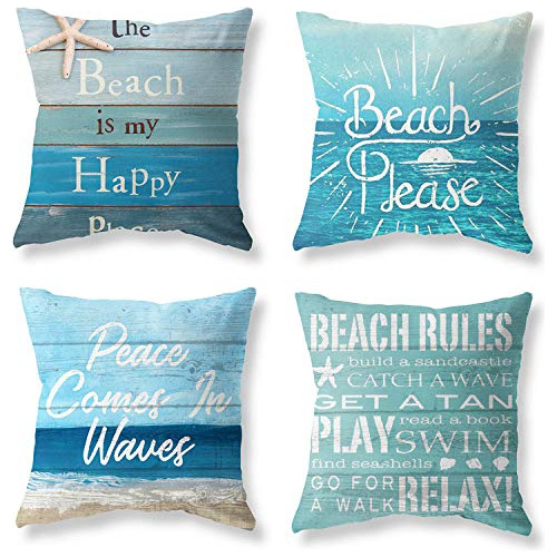 Set Of 4 Summer Coastal Beach Throw Pillow Covers 18x18...