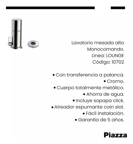 Grifería De Bidet Monocomando Cromado Piazza Lounge + Acc