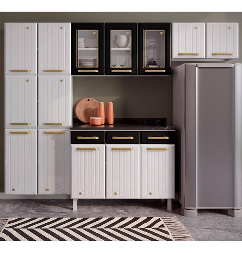 Cozinha Completa Aço 4 Pç Balcão C/tampo Multimóveis Cr20370 Cor Branco/Preto