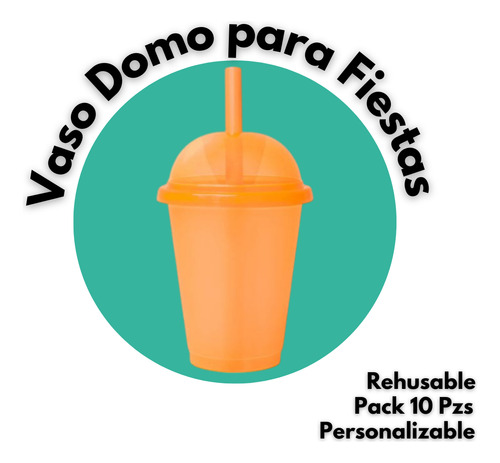 Vaso Frappe Raspa Con Tapa Tipo Domo Y Popote 500ml 10 Pzs Naranja Claro