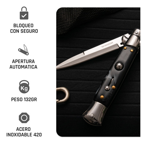 Navaja Estilete Con Boton Automático Cuchillo Acero Razor Negro Y Plateado