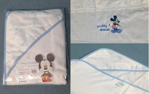 Imagem 1 de 6 de Kit Banho Bebê 2 Peças Linha Bordada Mickey Disney Toalha