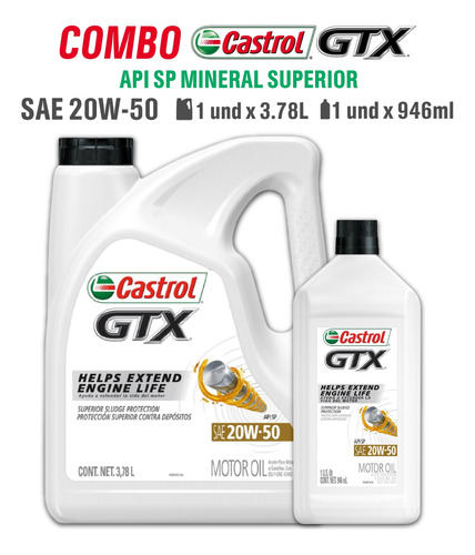 Aceite Mineral Castrol Gtx 20w50 Combo 5 Qts / 4.73 Lts 