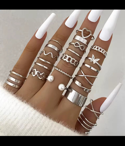 Hermoso Set De 22 Anillos Plateados Jelly Tips Uñas Manos