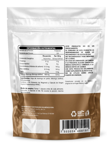 Moringa 100% Pura. 120 Cápsulas De Origen Vegetal