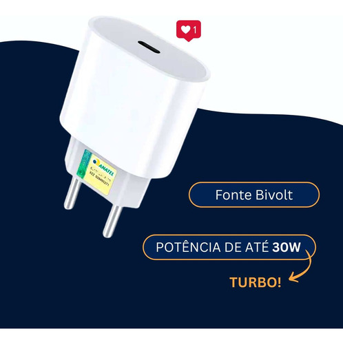 Carregador Turbo 30w Usb-c Lightning iPhone 8 X 11 12 13 14