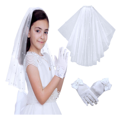 Velo De Niña Con Perlas Para 1 Comunion Y Guantes Nupcial