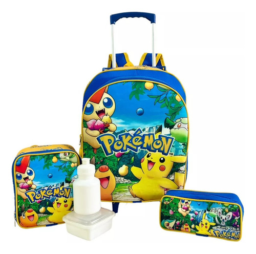 Kit Mochila Infantil Escolar Pokemon Rodinhas Tam G F5 Azul