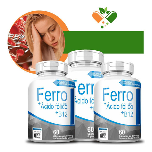 Kit Com 3 Potes Ferro - B9 - B12 500mg 60 Cápsulas