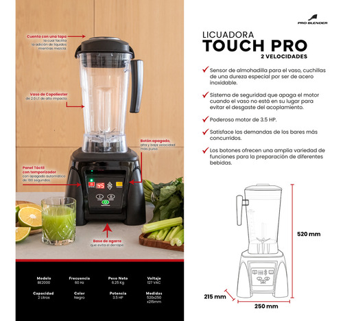 PRO BLENDER TOUCH PRO Licuadora Profesional 3.5 HP Vaso Copoliester 2 Litros Color Negro BE2000