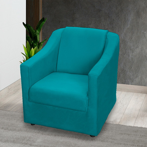 Poltrona Para Sala Decorativa Escritório Cadeira Recepção Cor Azul-turquesa Desenho Do Tecido Suede Liso