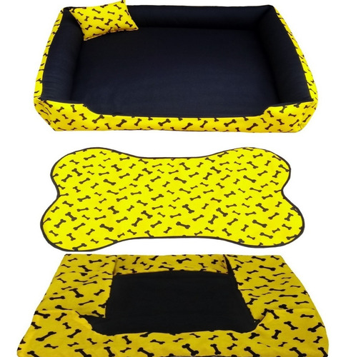 Cama Para Cachorro Grande Gg 95x95 Cm + Tapete E Capa Extra Cor Cama Amarela + Capa Amarela