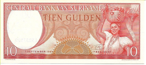 Surinam. 10 Gulden. 1963. Pick 121.  Unc S/c