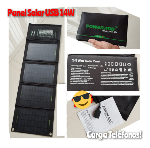 Panel Solar 5 Voltios Usb 2 Amp Max Y 14 Watts Plegable 