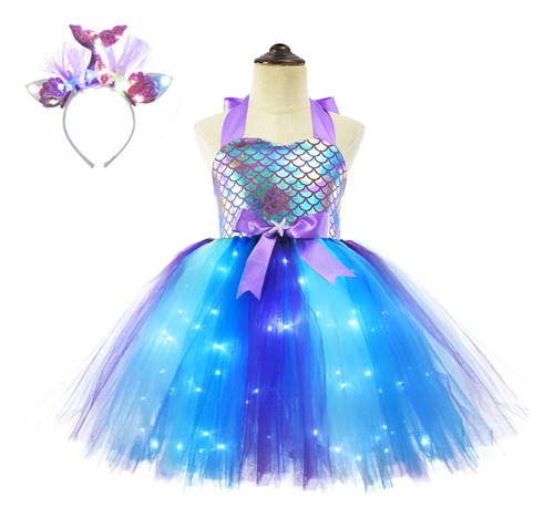 Vestido Conjunto Disfraz Sirenita Niña Tutú Tul+led