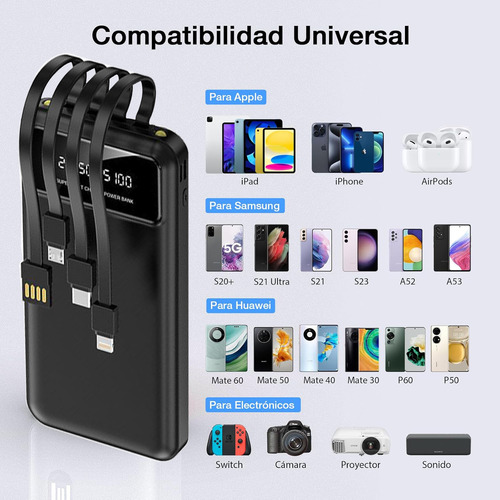 Power Bank Carregador Com 4 Fios Carga Carga Rápida 20000mah