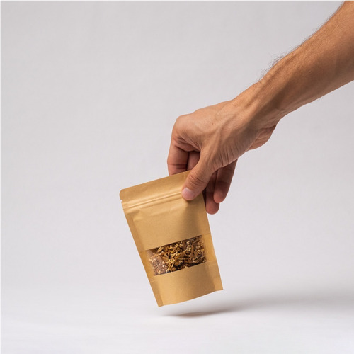 Imagen 4 de 6 de 100 Bolsa Stand Up Pouch Con Cierre Kraft Ventana De 70 Grs