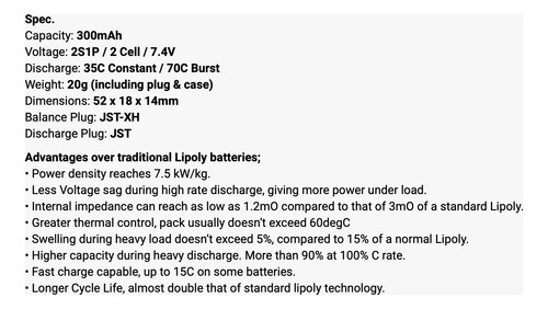 Bateria Lipo 300mah 2s 35c 7.4v Jst Turnigy Heli Avion Rc