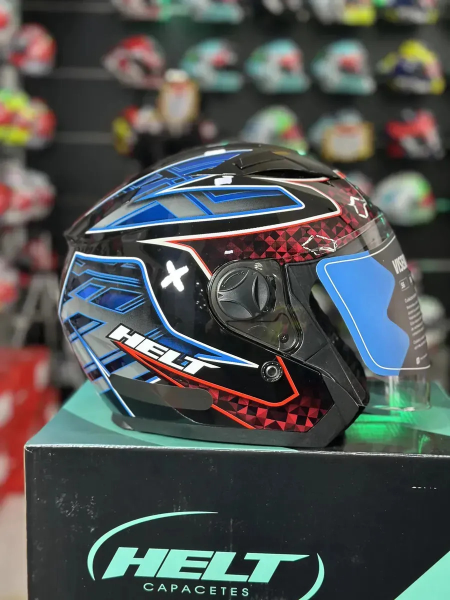 Capacete Aberto Helt Cyber Azul Vermelho Com Óculos Interno Fumê